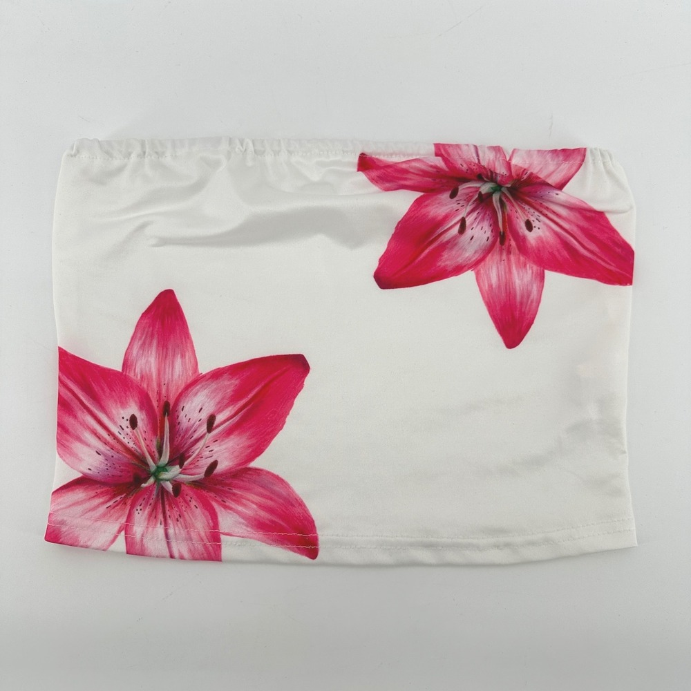 Unbranded Pink Lily Floral Print Tube Top White Strapless Crop Top Small